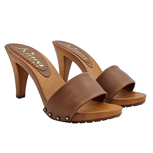 Kiara Shoes Damenclogs aus Leder mit mittlerem Absatz - Made in Italy - K6308 CUOIO (38 EU, BRAUN) von Kiara Shoes