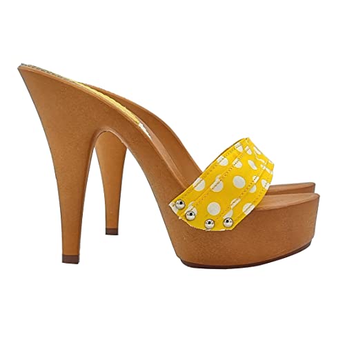Kiara Shoes Mule für Damen, hergestellt in Italien, Absatz 13 - K9301-Gelb-POIS, Gelb - Giallo Pois - Größe: 42 EU von Kiara Shoes