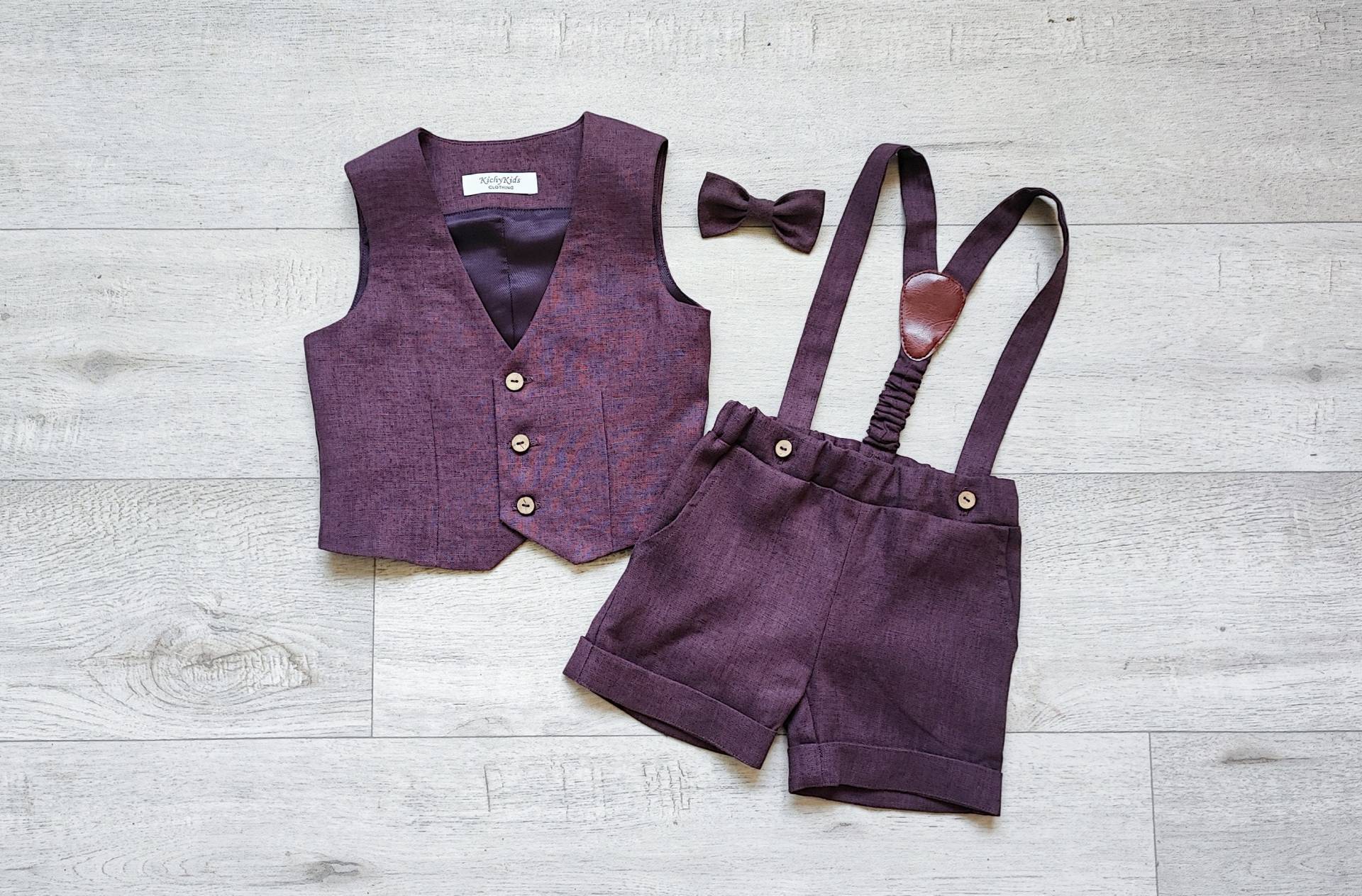 Leinen Baby Anzug Weste, Shorts Mit Hosenträgern & Fliege von KichyKidsClothing