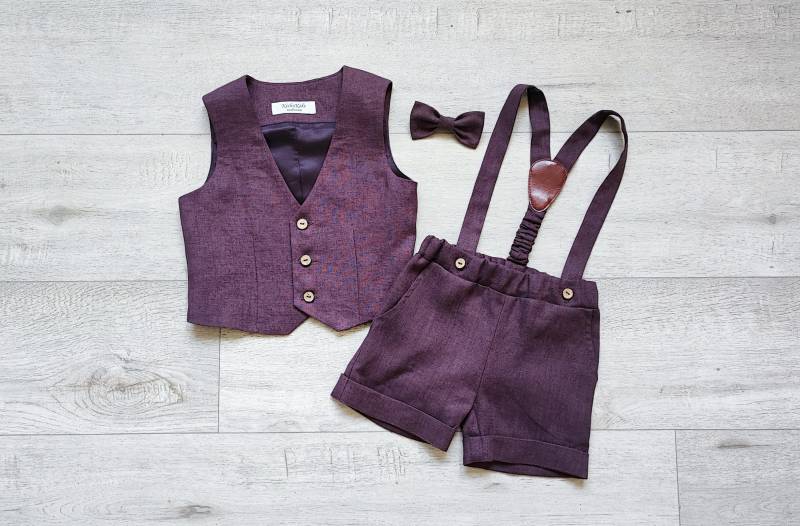 Leinen Baby Anzug Weste, Shorts Mit Hosenträgern & Fliege von KichyKidsClothing