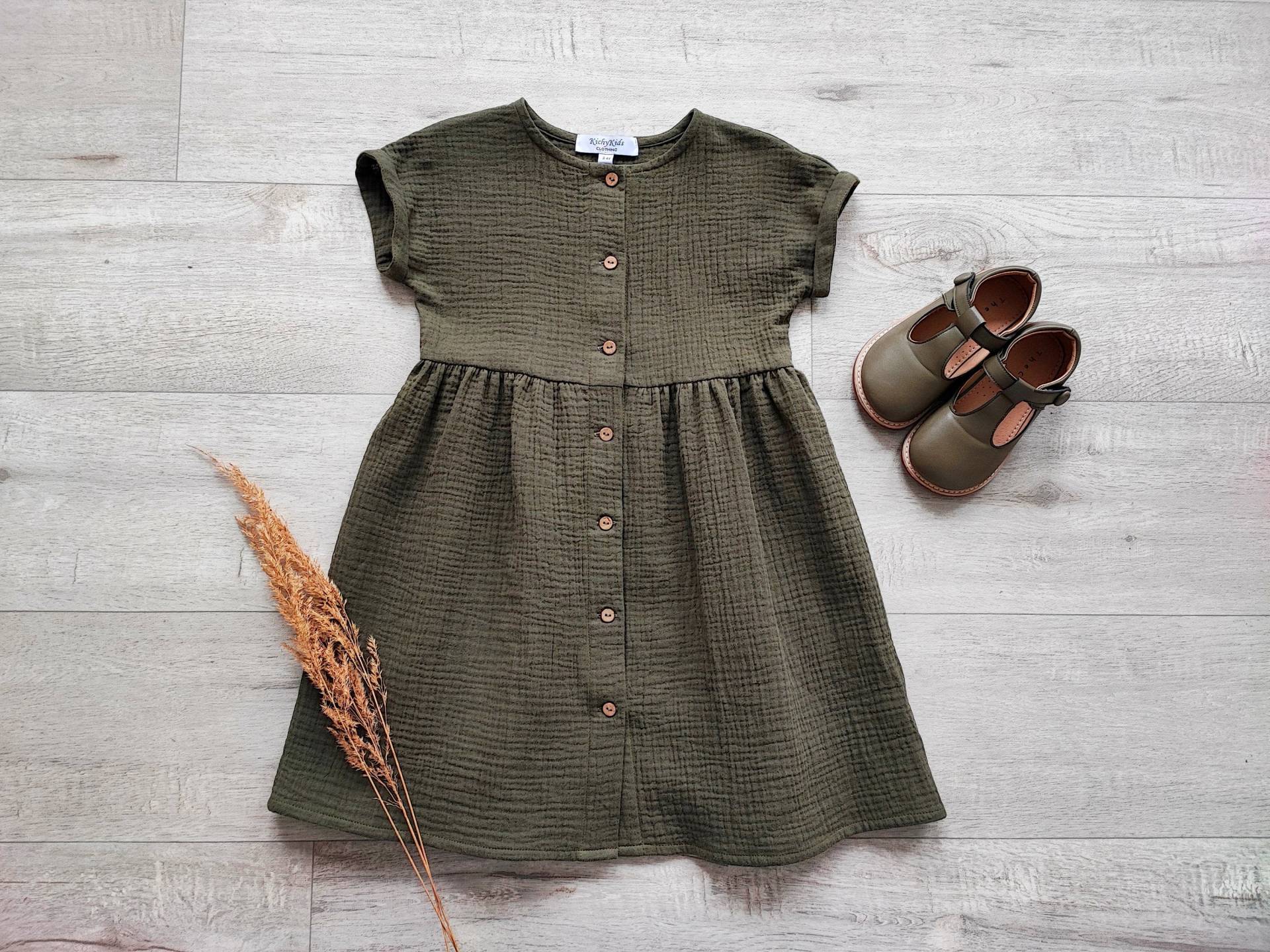 Mädchen Khaki Grünes Kleid, Musselin Langarm Baby Kleid von KichyKidsClothing