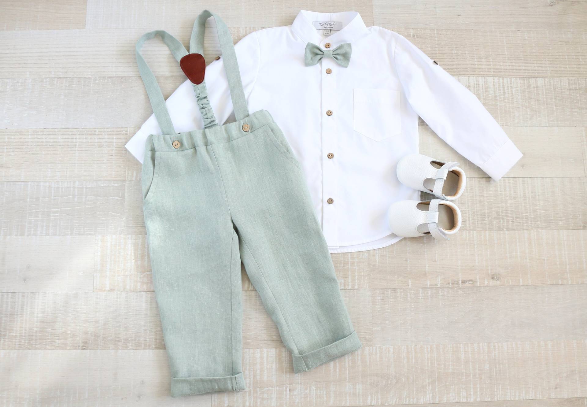 Pagen Junge Eukalyptus Anzug Set, Baby Leinen Trägerhose, Kleinkind Shirt, Taufe Hosenträger Outfit von KichyKidsClothing