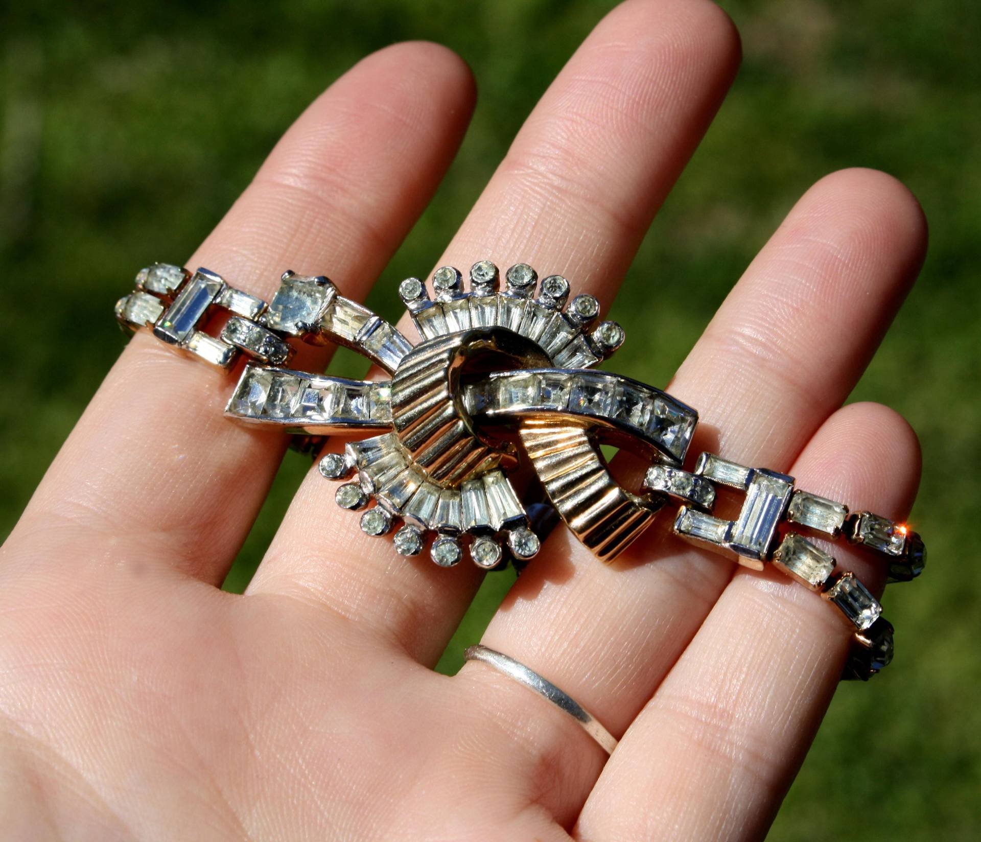 1940Er Mazer Bros Armband/Goldfarbenes Weißes Strass Art Deco Schmuck Baguette Design Vintage Brothers von KickassHeirlooms