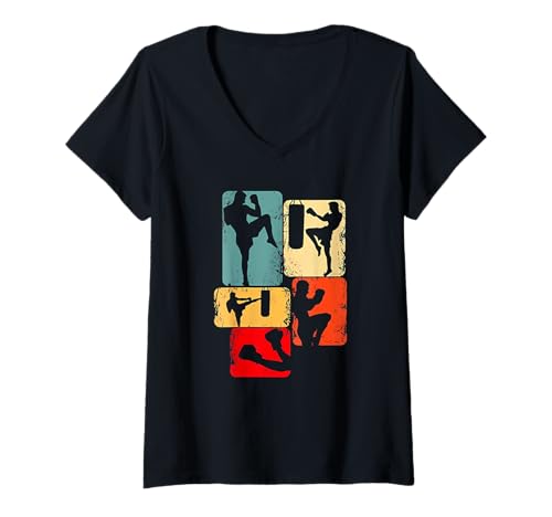 Damen Kickboxer Thai Boxer Motive farbig Retro T-Shirt mit V-Ausschnitt Damen Kickboxer Thai Boxer Motive farbig Retro T-Shirt mit V-Ausschnitt von Kickboxing Thaiboxing Motive Retro farbig