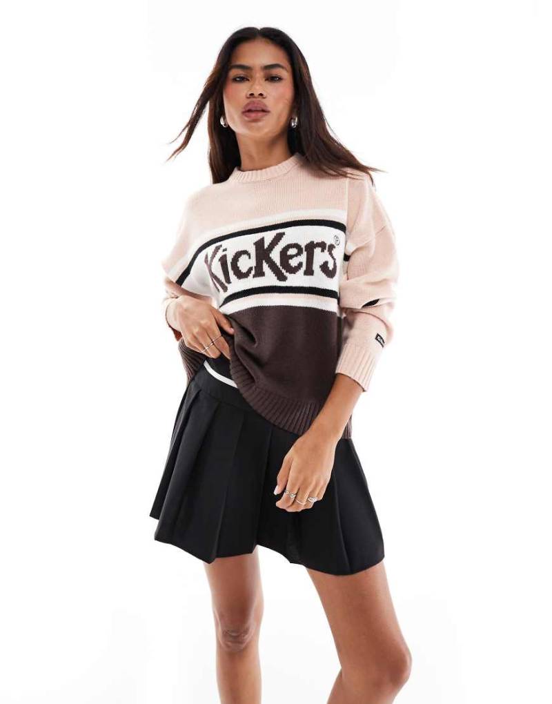 Kickers - Locker geschnittener Strickpullover in Rosa und Braun mit Streifen-Logo von Kickers