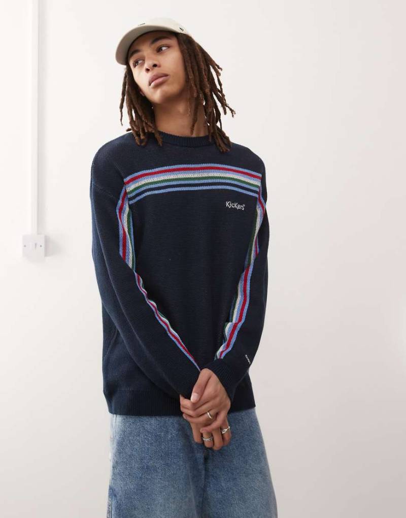 Kickers - Oversize-Fit Retro-Strickpullover in dunklem Marineblau mit mehreren Streifen von Kickers