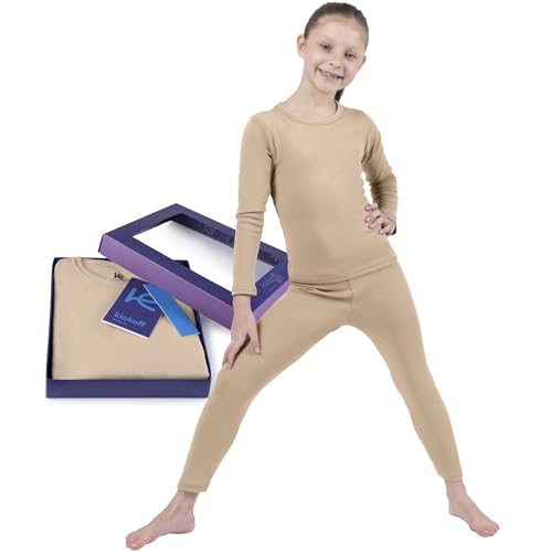 Kickoff Flexwear Thermounterwäsche für Kinder, Thermo-Ober- und Unterteil-Set, Mädchen, Thermounterwäsche-Set, Lange Unterwäsche, Basisschicht, Kinder-Pyjama, Sand, 14 von Kickoff Flexwear
