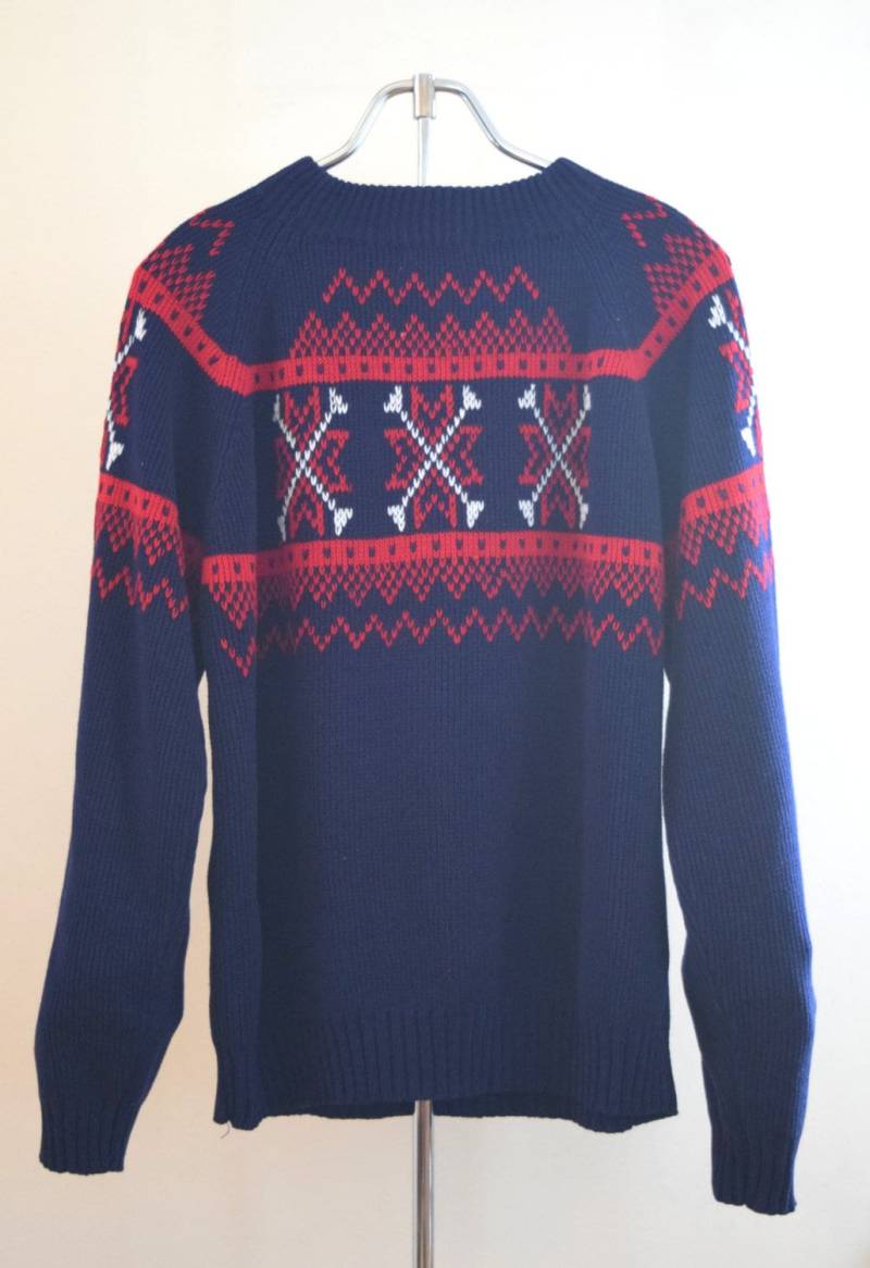 60Er Jahre J.c. Penny Men's Medium Sweater Acrylic Dunkelblau Mit Rot Und Weissem Detail von KidCarlo
