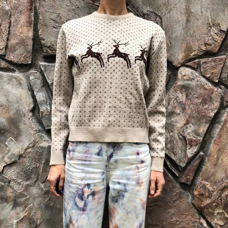 60Er Rockee Usa Springende Hirsche Beige Wolle Weihnachten Winter Strickpullover von KidCarlo