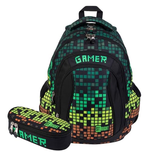 KiddiBex Schulrucksack Teenager Jungen Set 2 Teilig - Schulrucksack Jungen, Schulranzen Jungen ab 5. Klasse mit Brustgurt - Rucksack Schule, Schultasche Jungen - Ergonomischer Schulranzen (Gamer) von KiddiBex