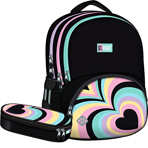 KiddiBex Schulrucksack Teenager Mädchen Set 2 Teilig - Schulrucksack Mädchen, Schulranzen Mädchen ab 5. Klasse mit Kühlfach - Rucksack Schule, Schultasche Mädchen - Ergonomischer Schulranzen (Hearts) von KiddiBex