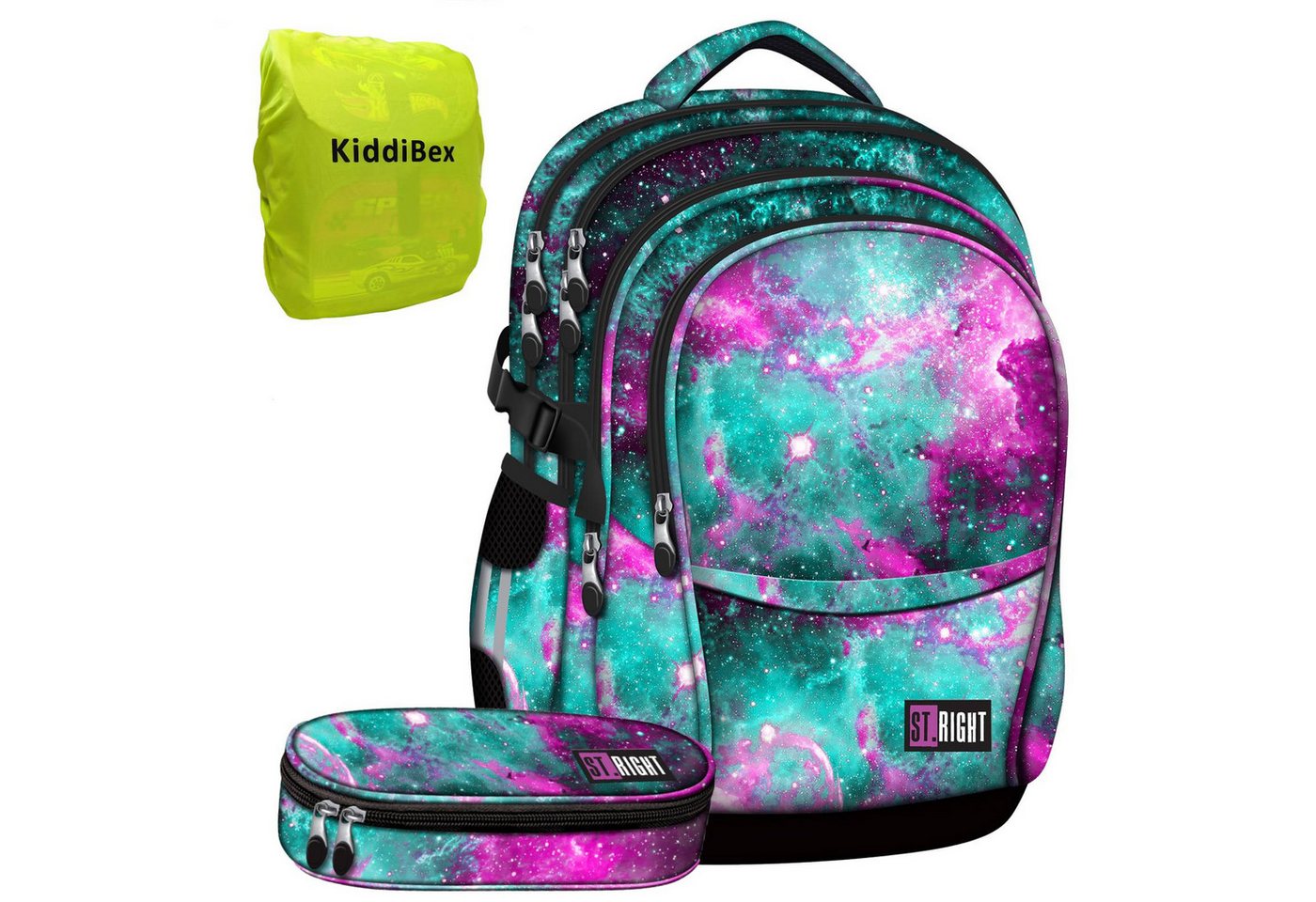 KiddiBex Schulrucksack Teenager Mädchen Schulranzen ab 5. Klasse mit Brustgurt (Set, 3-tlg., Schulrucksack, Federmäppchen, Regenschutz), Rucksack Schule Schultasche Mädchen, Ergonomischer Schulranzen Weltall von KiddiBex