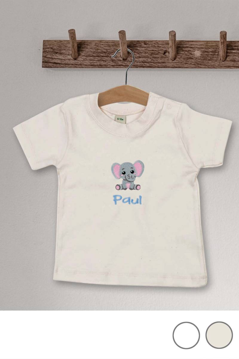 Baby T-Shirt Aus Veganer Bio-Baumwolle Bestickt Mit Elefant Und Wunschtext von KiddiezDE