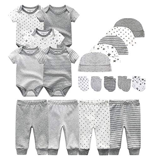 Kiddiezoom Baby-Body, Hose, Kleinkinder-Einteiler, Bekleidungs-Sets für Jungen und Mädchen aus Baumwolle, Mützen, Kratzfäustlinge Gr. 56, Graue Streifen & kleine Sterne & Druck-19-Set von Kiddiezoom