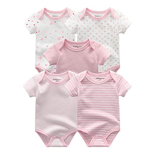 Kiddiezoom Baby-Body, Hose, Kleinkinder-Einteiler, Bekleidungs-Sets für Jungen und Mädchen aus Baumwolle, Mützen, Kratzfäustlinge Gr. 68, 5er-Pack süße rosa Bodys von Kiddiezoom