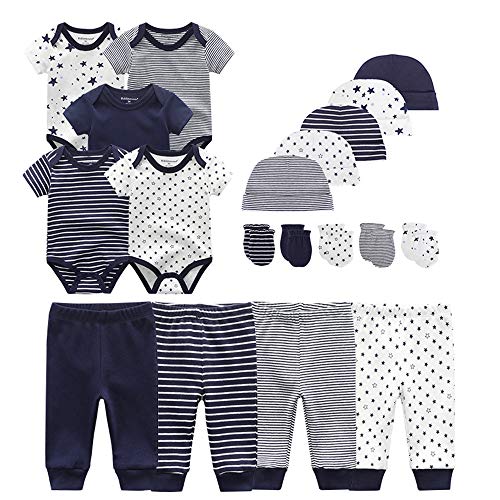 Kiddiezoom Baby-Body, Hose, Kleinkinder-Einteiler, Bekleidungs-Sets für Jungen und Mädchen aus Baumwolle, Mützen, Kratzfäustlinge Dunkelblau gestreift & kleine Sterne & Druck-19-Set 9M von Kiddiezoom