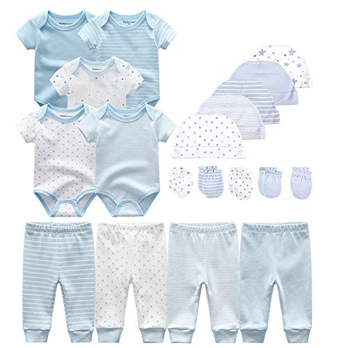 Kiddiezoom Baby-Body, Hose, Kleinkinder-Einteiler, Bekleidungs-Sets für Jungen und Mädchen aus Baumwolle, Mützen, Kratzfäustlinge Gr. 56(3 monate), Himmelblau gestreift & kleine Sterne & Druck-19-Set von Kiddiezoom