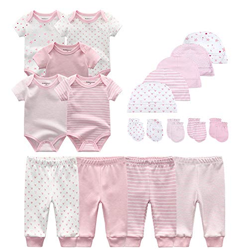 Kiddiezoom Baby-Body, Hose, Kleinkinder-Einteiler, Bekleidungs-Sets für Jungen und Mädchen aus Baumwolle, Mützen, Kratzfäustlinge Gr. 74, Rosa Streifen & kleine Sterne & Druck-19-Set von Kiddiezoom