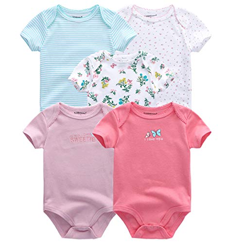 Kiddiezoom Baby-Bodys 5er-Pack, kurzärmelige Strampler für Jungen und Mädchen, Schlafanzug, Sommer, Baumwolle Gr. 6-9 Monate, 5er-Pack Schmetterling Floral von Kiddiezoom