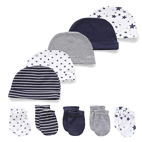 Kiddiezoom Mütze, Fäustlinge für Babys, Jungen, Mädchen, weiche Baumwolle 10er Pack, Kratzfäustling, Marineblaues Set, M von Kiddiezoom