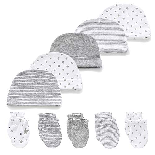 Kiddiezoom Baby Jungen Mädchen Baumwolle Cap Fäustling – 10 Pack Weiche Baumwolle Baby Mützen Baby Scratch Fäustling Handschuhe Fäustling Gr. M, graues Set von Kiddiezoom