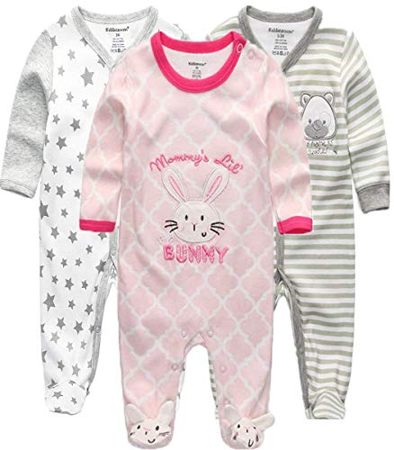 Kiddiezoom Baby Jungen Pyjama, eng-anliegend mit integrierten Schuhen, langarm, Baumwolle Gr. 50, Rosa Kaninchen & Stern & gestreifter Bär von Kiddiezoom