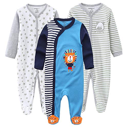 Kiddiezoom Baby Jungen Pyjama, eng-anliegend mit integrierten Schuhen, langarm, Baumwolle Gr. 6-9 Monate, Grauer Bär & Stern & Hellblauer Löwe von Kiddiezoom