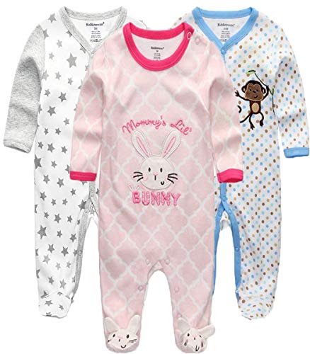 Kiddiezoom Baby Jungen Pyjama, eng-anliegend mit integrierten Schuhen, langarm, Baumwolle Gr. 6-9 Monate, Rosa Kaninchen & Stern & gestreifter Affe von Kiddiezoom