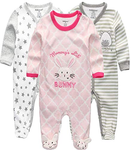 Kiddiezoom Baby Jungen Pyjama, eng-anliegend mit integrierten Schuhen, langarm, Baumwolle Gr. 68, Rosa Kaninchen & Stern & gestreifter Bär von Kiddiezoom