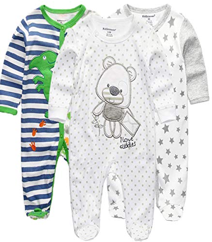 Kiddiezoom Unisex Schlafstrampler Baby Jungen Overall 3er Pack Pyjamas Baumwolle Strampler Jumpsuits Langarm Spieler Babykleidung mit von Kiddiezoom