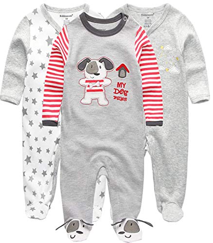 Kiddiezoom Baby Jungen Pyjama, eng-anliegend mit integrierten Schuhen, langarm, Baumwolle Gr. 6-9 Monate, Grauer Hund & Stern von Kiddiezoom