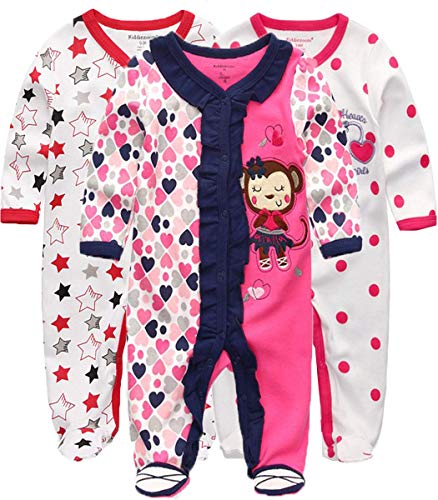 Kiddiezoom Baby Jungen Strampler Snug Fit Fußed Baumwolle Pyjama Langarm Onsize Schlafanzug Gr. 68, Rosa Sterne & Herzen & Affen von Kiddiezoom