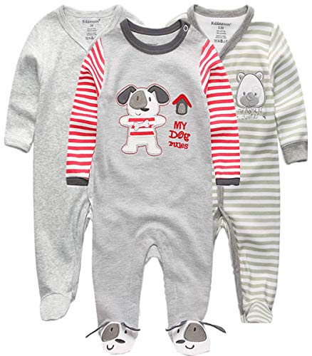 Kiddiezoom Baby Jungen Pyjama, eng-anliegend mit integrierten Schuhen, langarm, Baumwolle Gr. 80, Grauer Hund & gestreifter Bär von Kiddiezoom