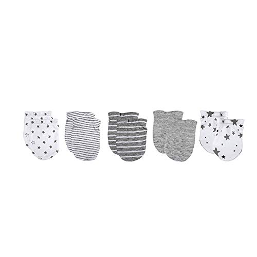 Kiddiezoom Baby Jungen Mädchen Baumwolle Cap Fäustling – 10 Pack Weiche Baumwolle Baby Mützen Baby Scratch Fäustling Handschuhe Fäustling, 5er-Pack, Grau, M von Kiddiezoom