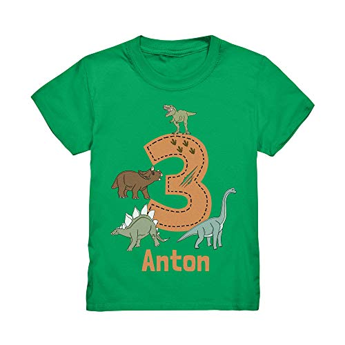 Dino Geburtstagsshirt Personalisiert T-Shirt mit Name 3 4 5 6 7 Geburtstag Jungen Dinosaurier Kindergeburtstag Motto Outfit (Kelly Grün, 98/104 (3-4 J.)) von Kiddle-Design