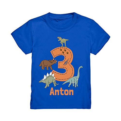 Dino Geburtstagsshirt Personalisiert T-Shirt mit Name 3 4 5 6 7 Geburtstag Jungen Dinosaurier Kindergeburtstag Motto Outfit (Royal Blau, 98/104 (3-4 J.)) von Kiddle-Design