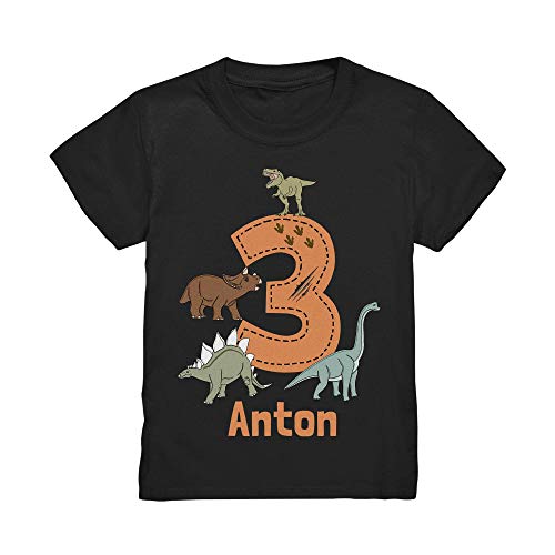 Dino Geburtstagsshirt Personalisiert T-Shirt mit Name 3 4 5 6 7 Geburtstag Jungen Dinosaurier Kindergeburtstag Motto Outfit (Schwarz, 110/116 (5-6 J.)) von Kiddle-Design