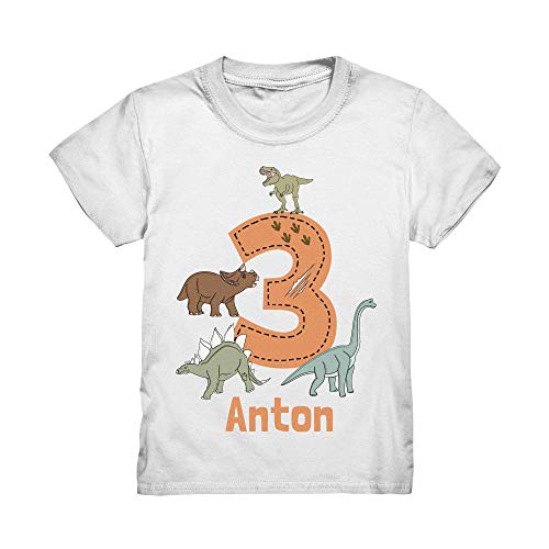 Dino Geburtstagsshirt Personalisiert T-Shirt mit Name 3 4 5 6 7 Geburtstag Jungen Dinosaurier Kindergeburtstag Motto Outfit (Weiß, 110/116 (5-6 J.)) von Kiddle-Design