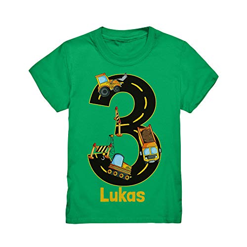 Kiddle-Design Baustelle Geburtstagsshirt mit Name Personalisiert T-Shirt 3 4 5 6 7 8 Geburtstag Jungen Bagger Kran Baumeister Kindergeburtstag Motto Outfit (Kelly Grün, 110/116 (5-6J.)) von Kiddle-Design