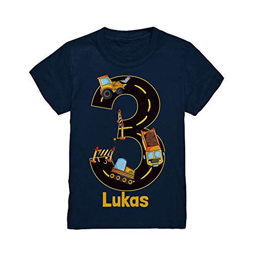 Kiddle-Design Baustelle Geburtstagsshirt mit Name Personalisiert T-Shirt 3 4 5 6 7 8 Geburtstag Jungen Bagger Kran Baumeister Kindergeburtstag Motto Outfit (Navy, 110/116 (5-6J.)) von Kiddle-Design