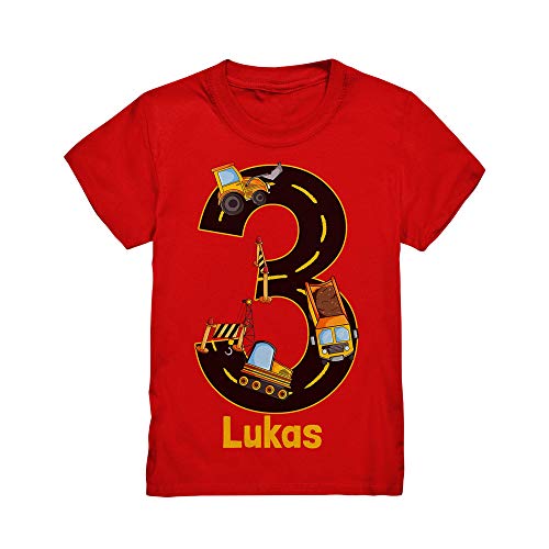 Kiddle-Design Baustelle Geburtstagsshirt mit Name Personalisiert T-Shirt 3 4 5 6 7 8 Geburtstag Jungen Bagger Kran Baumeister Kindergeburtstag Motto Outfit (Rot, 98/104 (3-4J.)) von Kiddle-Design