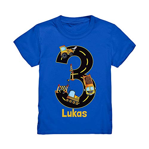 Kiddle-Design Baustelle Geburtstagsshirt mit Name Personalisiert T-Shirt 3 4 5 6 7 8 Geburtstag Jungen Bagger Kran Baumeister Kindergeburtstag Motto Outfit (Royal Blau, 98/104 (3-4J.)) von Kiddle-Design