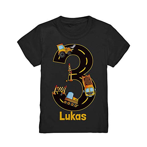 Kiddle-Design Baustelle Geburtstagsshirt mit Name Personalisiert T-Shirt 3 4 5 6 7 8 Geburtstag Jungen Bagger Kran Baumeister Kindergeburtstag Motto Outfit (Schwarz, 122/128 (7-8J.)) von Kiddle-Design