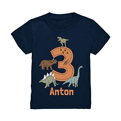 Kiddle-Design Dino Geburtstagsshirt Personalisiert T-Shirt mit Name 3 4 5 6 7 Geburtstag Jungen Dinosaurier Kindergeburtstag Motto Outfit (Navy, 110/116 (5-6 J.)) von Kiddle-Design