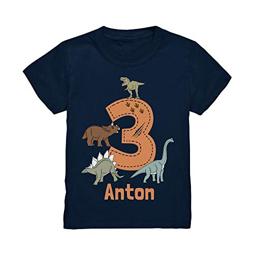 Kiddle-Design Dino Geburtstagsshirt Personalisiert T-Shirt mit Name 3 4 5 6 7 Geburtstag Jungen Dinosaurier Kindergeburtstag Motto Outfit (Navy, 98/104 (3-4 J.)) von Kiddle-Design