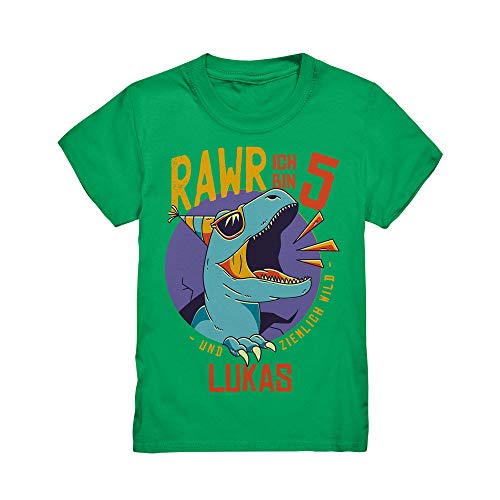 Kiddle-Design Dino Geburtstagsshirt mit Name Personalisiert T-Shirt 3 4 5 6 7 8 9 Geburtstag Jungen Dinosaurier T-Rex Kindergeburtstag Motto Outfit (Kelly Grün, 110/116 (5-6J.)) von Kiddle-Design