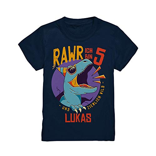 Kiddle-Design Dino Geburtstagsshirt mit Name Personalisiert T-Shirt 3 4 5 6 7 8 9 Geburtstag Jungen Dinosaurier T-Rex Kindergeburtstag Motto Outfit (Navy, 110/116 (5-6J.)) von Kiddle-Design