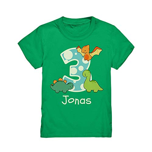 Kiddle-Design Dino Geburtstagsshirt mit Name Personalisiert T-Shirt 3 4 5 6 7 Geburtstag Jungen Dinosaurier Kindergeburtstag Motto Outfit (Kelly Grün, 110/116 (5-6 J.)) von Kiddle-Design