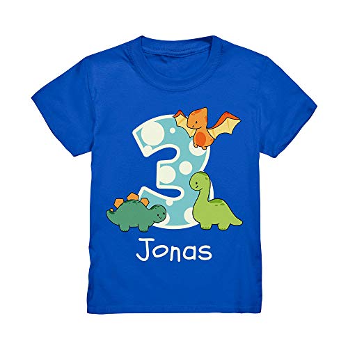 Kiddle-Design Dino Geburtstagsshirt mit Name Personalisiert T-Shirt 3 4 5 6 7 Geburtstag Jungen Dinosaurier Kindergeburtstag Motto Outfit (Royal Blau, 122/128 (7-8 J.)) von Kiddle-Design