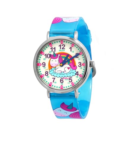 Kiddus Lern Armbanduhr für Kinder, Jungen und Mädchen. Analoge Armbanduhr mit Zeitlernübungen. Zeit Lehrer. Time Teacher. Einhorn. Fluoreszierend von Kiddus